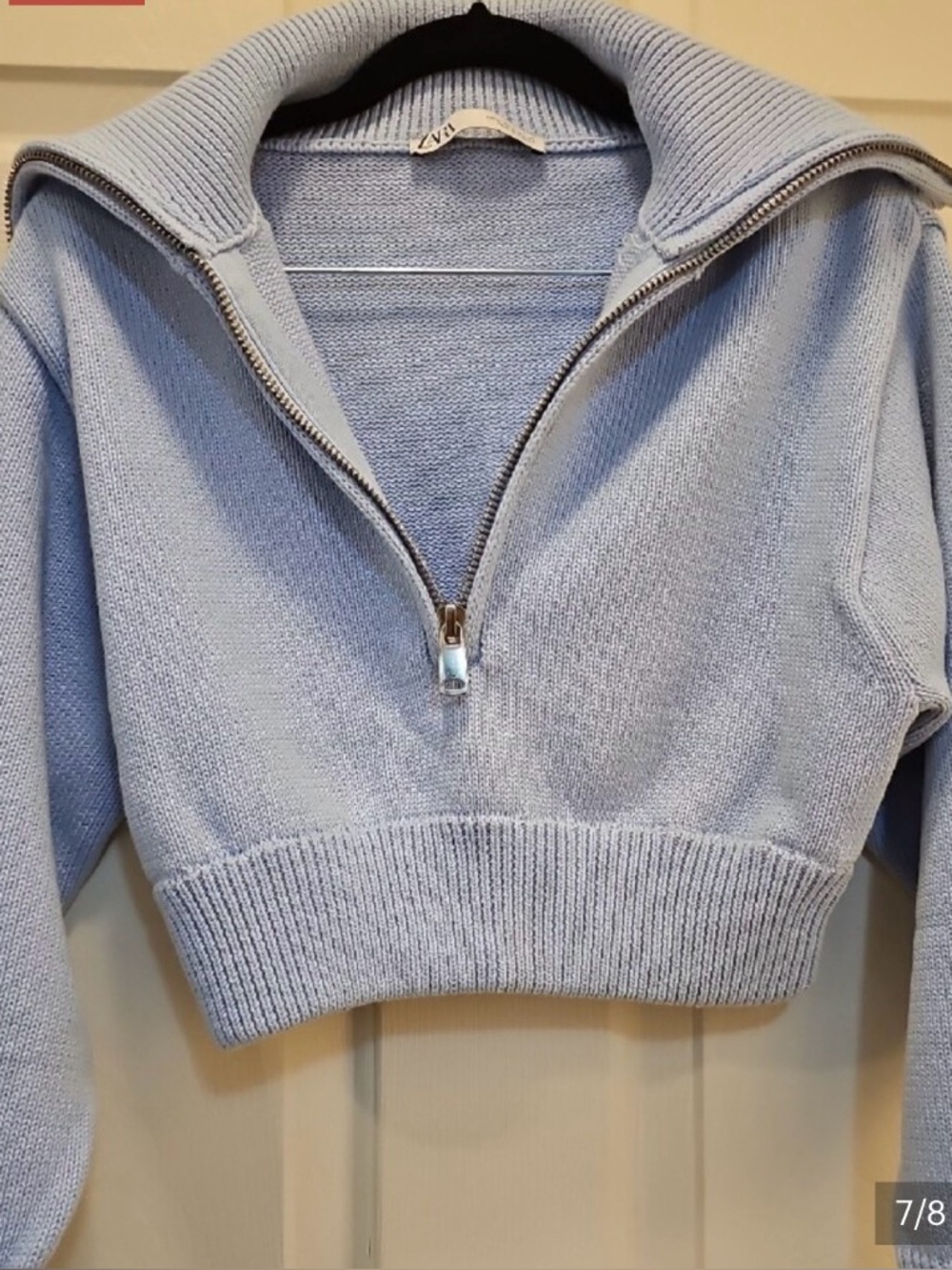 NWOT Zara Size S Powder Blue Cropped Chunky Cotton Zip Turtleneck Sweater